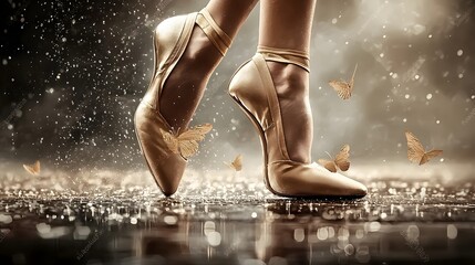 Glowing golden ballet slippers highlighted against a vibrant urban backdrop representing the elegant and joy of dance