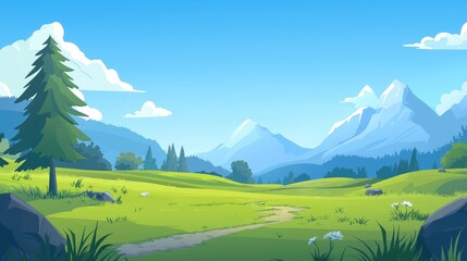 A winding path through a green meadow with a mountain backdrop and a single pine tree