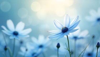 Softly lit delicate blue flowers bloom in garden. Gentle pastel colors create tranquil atmosphere. Dreamy bokeh effect in background. Natural beauty of springtime in garden setting. Peaceful floral