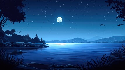 Fototapeta premium Nighttime Landscape with Full Moon Over a Lake
