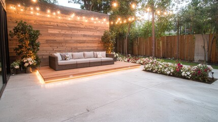Obraz premium Backyard patio with wooden wall, sofa, and lights. Relaxing outdoor space, perfect for entertaining