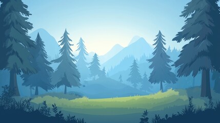 Fototapeta premium Misty Mountain Forest with Silhouetted Trees and Grass