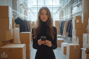 Modern Workspace with Businesswoman in Black Dress Packing for Delivery and Using Smartphone