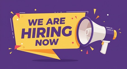 We hiring now banner job offer vector background. Hiring promotion megaphone employee illustration
