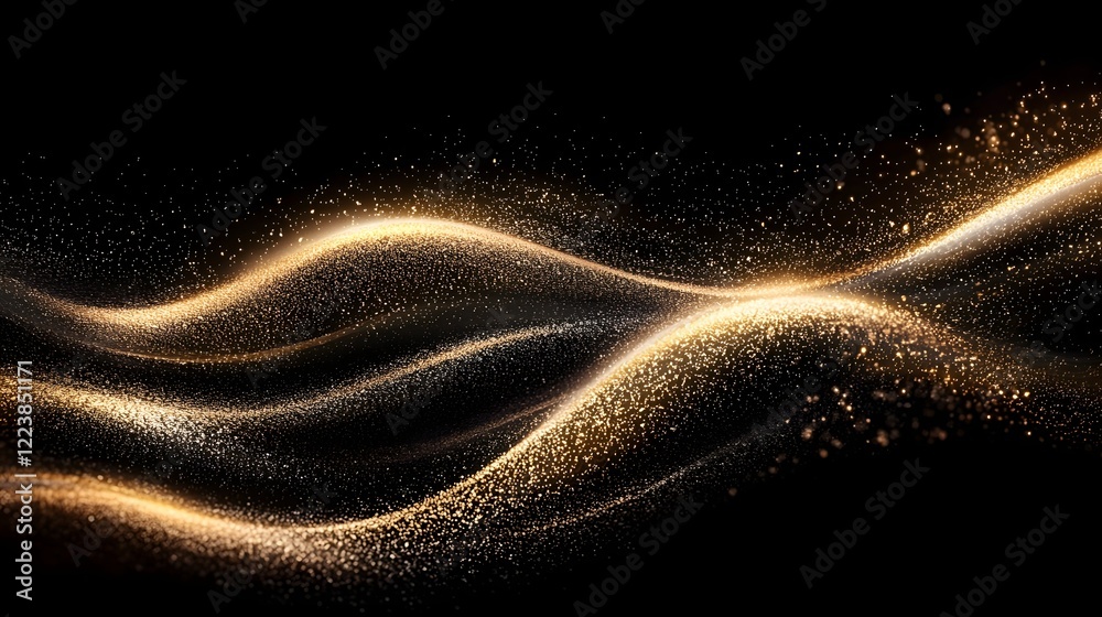 Poster Elegant golden shimmer particles swirling in a mesmerizing wave pattern against a dark opulent background creating a luxurious and festive aesthetic