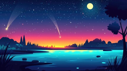Naklejka premium Night Sky with Shooting Stars over a Tranquil Lake