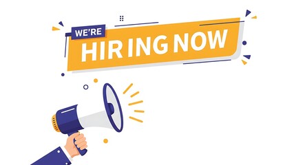 We hiring now banner job offer vector background. Hiring promotion megaphone employee illustration
