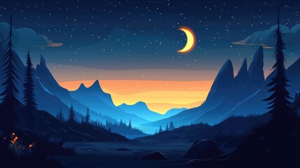 Obraz premium A Crescent Moon Illuminates a Mountainous Landscape Under a Starry Night Sky