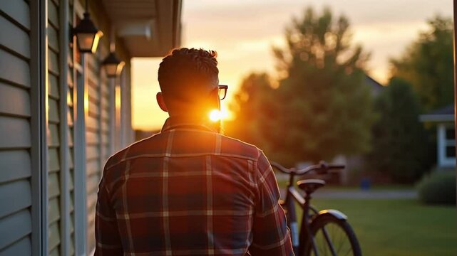 A husband sitting on the front porch of a suburban home, wearing a plaid flannel shirt and watching the sunset while a bicycle parked in front of the house