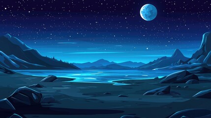 Fototapeta premium A Serene Night Landscape with a Crescent Moon and Stars Above Mountains and a Lake