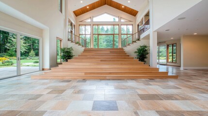 Obraz premium Grand staircase in modern home, forest view