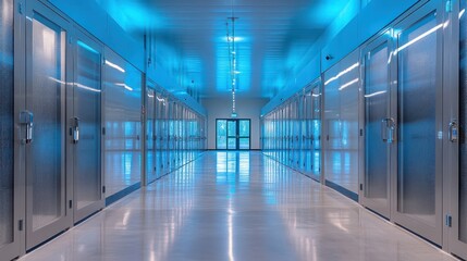 Cleanroom corridor, sterile doors, facility, blue lighting, pharmaceutical production