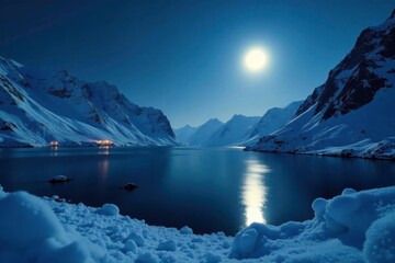 Obraz premium Snowy fjord with a full moon shining bright in the midnight sky, lake, moonlight