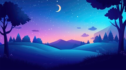 Obraz premium Nighttime Landscape with Crescent Moon and Silhouetted Trees