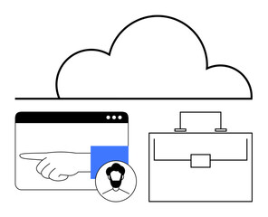 Cloud above browser window with pointing hand, user profile icon, and briefcase. Ideal for technology, collaboration, cloud storage, networking, teamwork, online tools abstract line flat metaphor