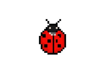 Obraz premium Pixelated ladybug. Simple pixel art red ladybug with black spots and antennae. 