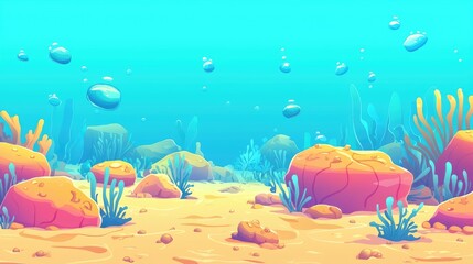 Underwater Scene with Rocks, Coral, and Bubbles