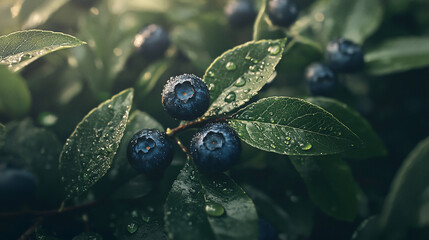 Fototapeta premium Close-up of fresh blueberries on lush green leaves with water droplets, showcasing nature's bounty