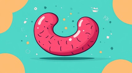 Colorful abstract shape resembling a vibrant red croissant with playful geometric elements floating on a teal background, evoking joy and creativity.