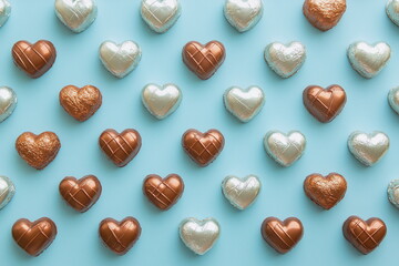 Heart-shaped chocolate candies, perfect for Valentine's Day or any romantic occasion. Indulge in these sweet, delicious treats that symbolize love and affection in every bite.

