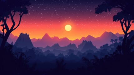 Silhouetted Trees and Mountains Under a Setting Sun and Starry Sky