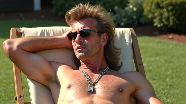 A 1980s man with a mullet haircut and gold chain lounging on a lawn chair in the backyard, wearing sunglasses