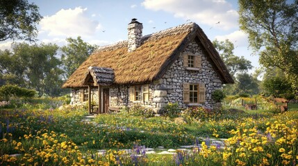 Enchanted Stone Cottage Amidst a Blooming Meadow