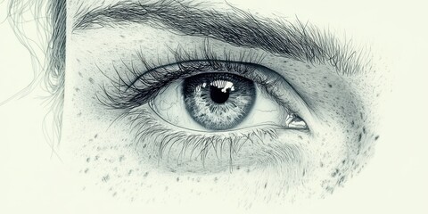 Obraz premium Close-up Portrait of a Human Eye Showcasing Detailed Iris, Eyebrow, and Freckles with Monochrome Artistic Touch and Subtle Lighting Effects