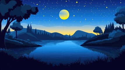 Fototapeta premium Nighttime Landscape with a Full Moon over a Lake and Silhouetted Trees and Mountains