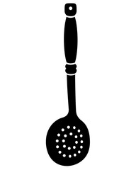 Skimmer Slotted Spoon Holes Ladle - vector silhouette illustration. Skimmer - Kitchen Tool - Element for logo or sign. Kitchenware black silhouette	