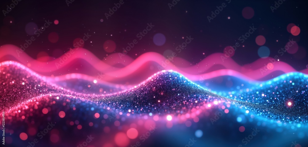 Aufkleber abstract glowing neon lines, bokeh lights create dynamic data transfer concept. pink, blue wavy patt