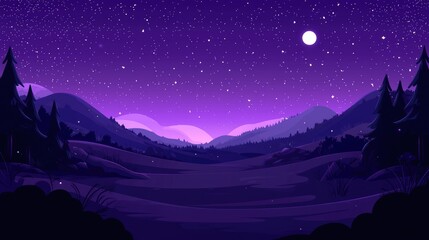 Nighttime Landscape with a Full Moon and a Starry Sky Over Silhouetted Mountains and Trees