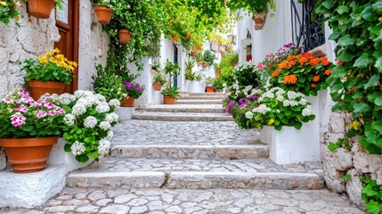 Obraz premium Flower-lined stairs in a charming whitewashed village street. Travel brochure, website
