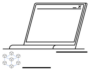 Laptop with open browser window and blockchain cube network symbolizing digital connection. Ideal for blockchain systems, data integration, technology advancements, online security, network