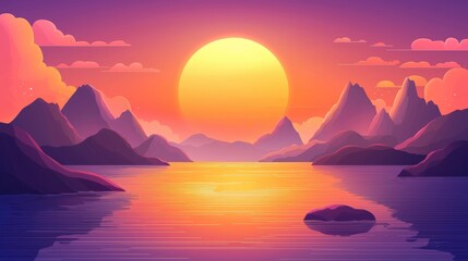 Naklejka premium A Vibrant Sunset over a Mountainous Landscape with a Calm Lake