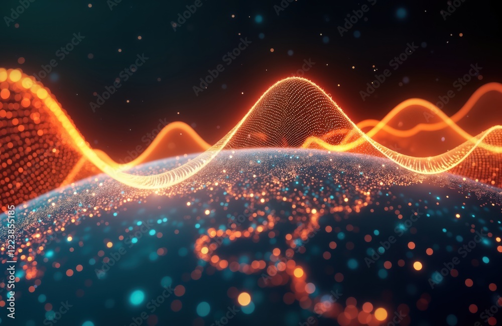 Leinwandbilder Futuristic global data visualization wave on earth surface. Neural network connects data points glowing in orange, blue colors. Abstract representation of big data, global communication network.