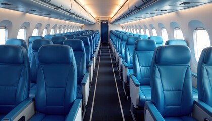 Empty blue seats in small regional jet. Compact cabin interior. Modern design. Comfortable seats. Aisle, window seats. Travel tourism. Commercial private aircraft interior. Aircraft plane. Journey.