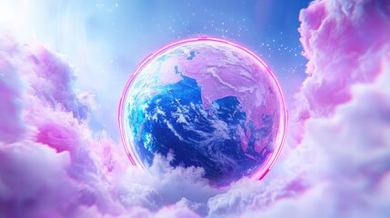 Obraz premium Earth surrounded by pink clouds; glowing ring; futuristic concept; digital art; website background