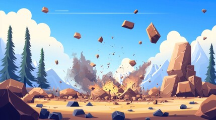 Obraz premium A Cartoon Explosion Shattering Rocks in a Mountainous Landscape