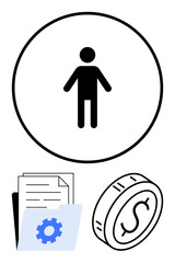 Person figure encircled, folder with gear overlay on documents, upright dollar coin. Ideal for business, finance, management, productivity, workflow, career planning abstract line flat metaphor