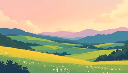 Obraz premium Serene Sunset Over Rolling Green Hills and Yellow Fields