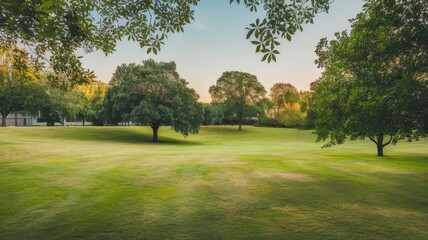 Obraz premium A serene landscape showcasing lush greenery, featuring scattered trees on a wide grassy field under a soft evening light.