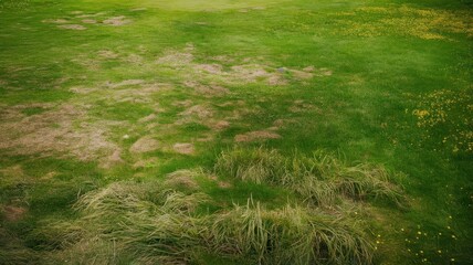 Aerial view of a grassy field with patches of wilted grass and vibrant wildflowers, showcasing the contrast between healthy greenery and dry areas.