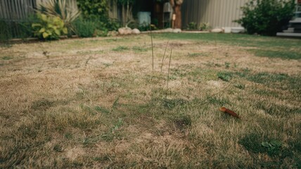 A sunlit yard with patchy dry grass and a hint of greenery, creating a natural, rustic atmosphere in the backyard.