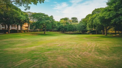 Obraz premium A serene, lush green park with tall trees and a clear blue sky, perfect for leisurely strolls and relaxation.