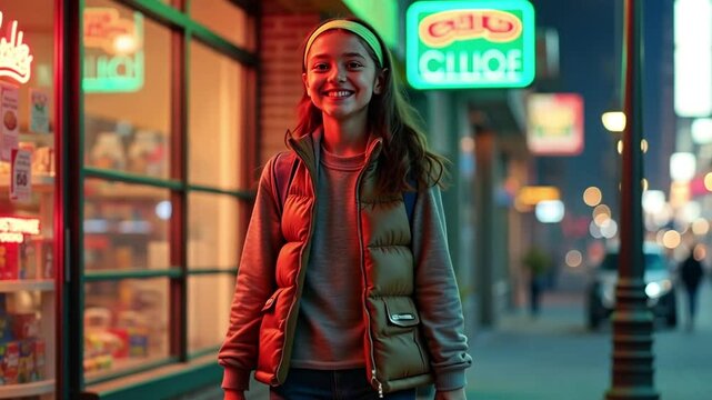 A teenage girl exits a corner store, joyfully carrying a brown paper bag of candy. She's dressed in a puffy vest, neon headband, and striped leg warmers.