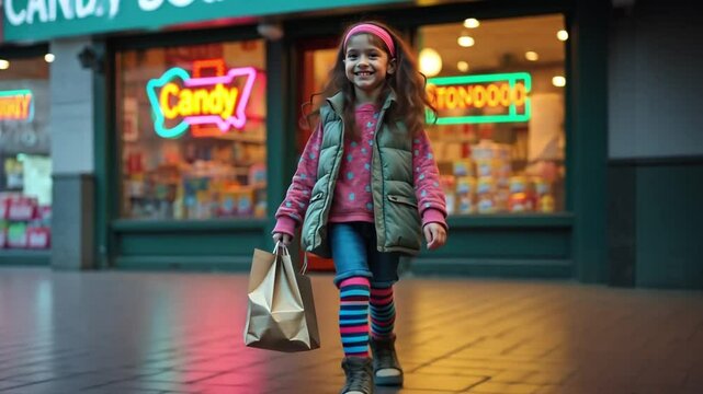 A teenage girl exits a corner store, joyfully carrying a brown paper bag of candy. She's dressed in a puffy vest, neon headband, and striped leg warmers.