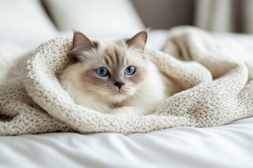 Elegant white cat with blue eyes nestled in a soft blanket on a cozy bed setting with muted colors