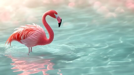 Naklejka premium Pink flamingo wading in calm turquoise water, sunrise background, nature scene