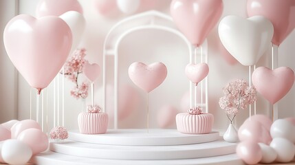 Pink heart balloons, romantic arch, cake display, white background, Valentine's Day